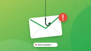 Briefumschlag an einem Angelhaken mit Warnsymbol – Phishing-Mails erkennen