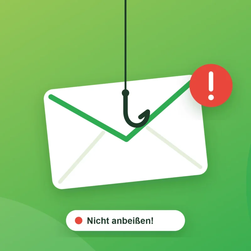 Briefumschlag an einem Angelhaken mit Warnsymbol – Phishing-Mails erkennen