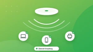 WLAN-Access-Point an der Decke versorgt Laptop, Smartphone und Drucker – stabiles WLAN fürs Büro